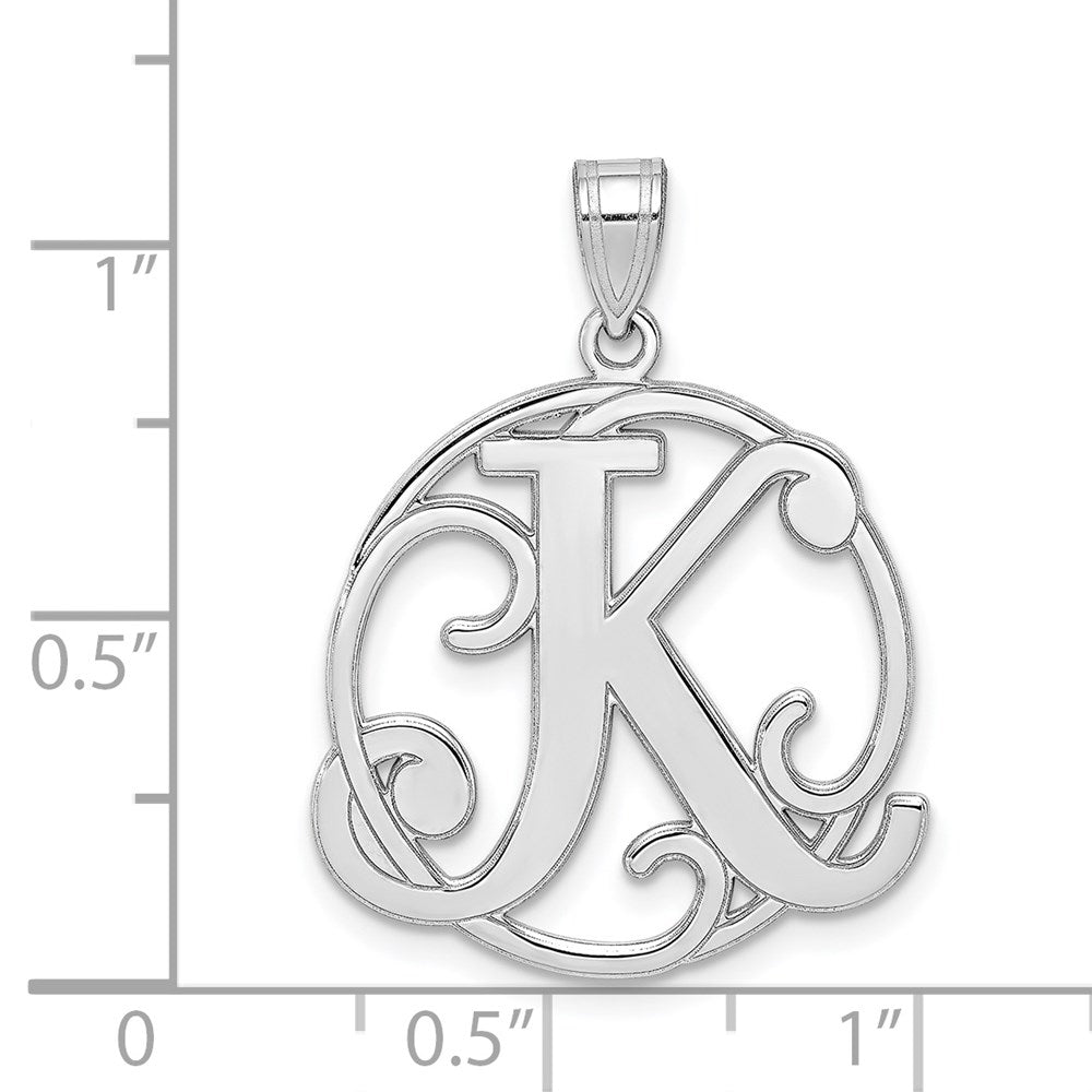 Alternate view of the Rhodium Plated Sterling Silver Fancy Script Initial K Pendant, 20mm by The Black Bow Jewelry Co.