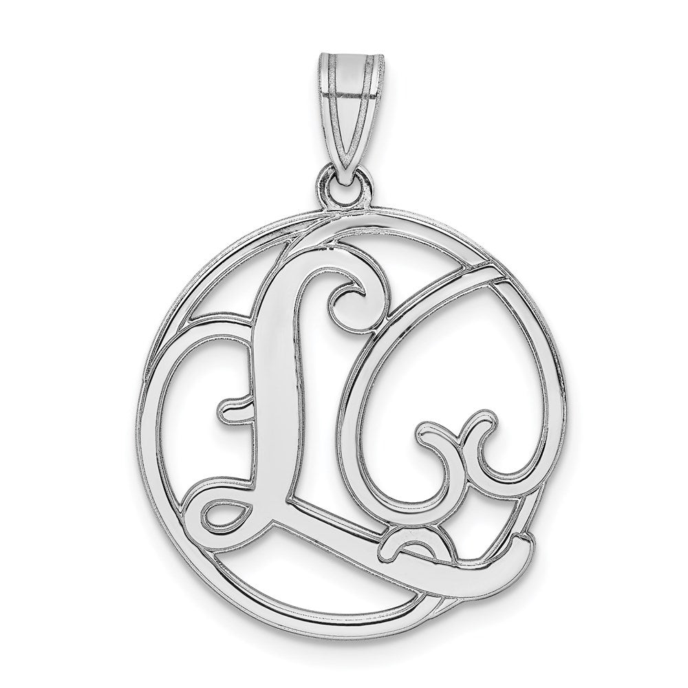 Rhodium Plated Sterling Silver Fancy Script Initial L Pendant, 20mm, Item P27490-L by The Black Bow Jewelry Co.