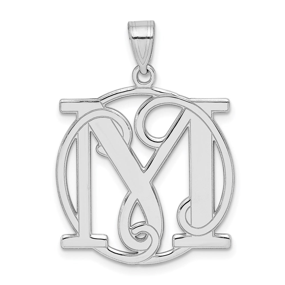 Rhodium Plated Sterling Silver Fancy Script Initial M Pendant, 20mm, Item P27490-M by The Black Bow Jewelry Co.