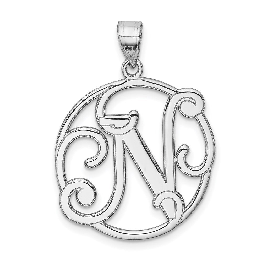 Rhodium Plated Sterling Silver Fancy Script Initial N Pendant, 20mm, Item P27490-N by The Black Bow Jewelry Co.