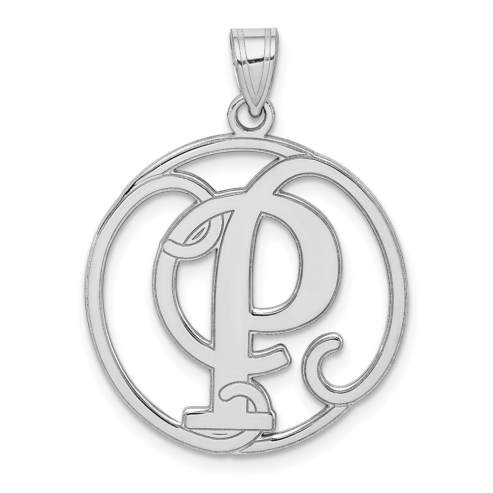 Rhodium Plated Sterling Silver Fancy Script Initial P Pendant, 20mm, Item P27490-P by The Black Bow Jewelry Co.