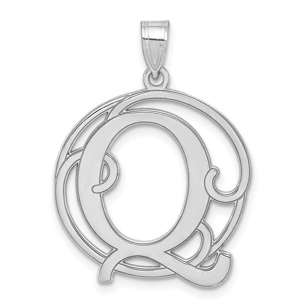Rhodium Plated Sterling Silver Fancy Script Initial Q Pendant, 20mm, Item P27490-Q by The Black Bow Jewelry Co.