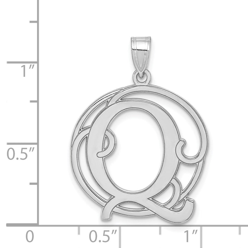 Alternate view of the Rhodium Plated Sterling Silver Fancy Script Initial Q Pendant, 20mm by The Black Bow Jewelry Co.