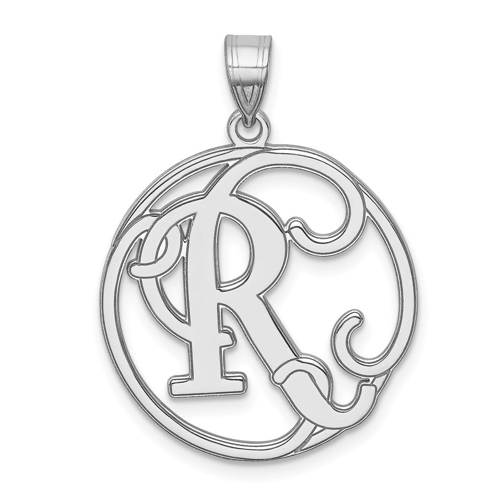 Rhodium Plated Sterling Silver Fancy Script Initial R Pendant, 20mm, Item P27490-R by The Black Bow Jewelry Co.