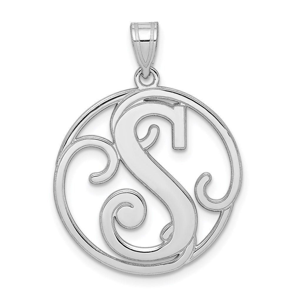 Rhodium Plated Sterling Silver Fancy Script Initial S Pendant, 20mm, Item P27490-S by The Black Bow Jewelry Co.