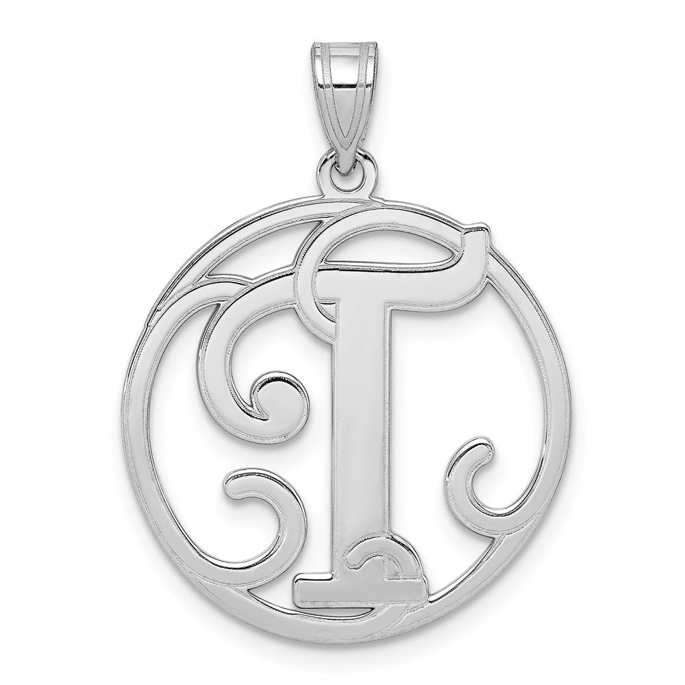 Rhodium Plated Sterling Silver Fancy Script Initial T Pendant, 20mm, Item P27490-T by The Black Bow Jewelry Co.