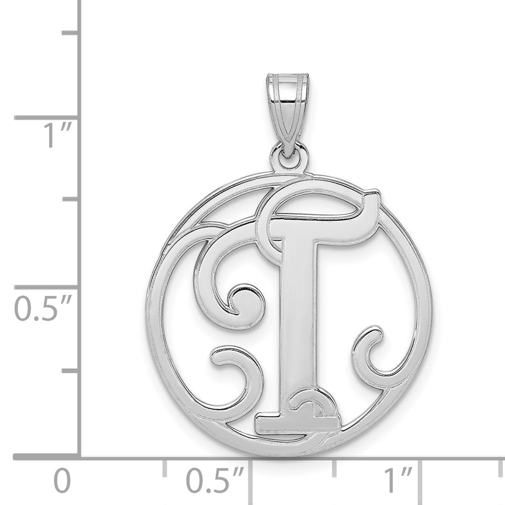 Alternate view of the Rhodium Plated Sterling Silver Fancy Script Initial T Pendant, 20mm by The Black Bow Jewelry Co.