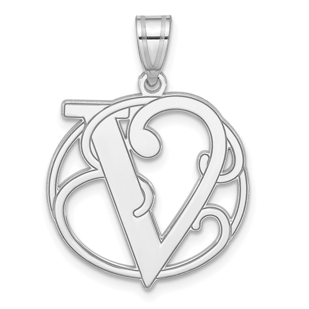 Rhodium Plated Sterling Silver Fancy Script Initial V Pendant, 20mm, Item P27490-V by The Black Bow Jewelry Co.