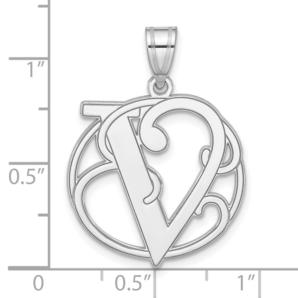 Alternate view of the Rhodium Plated Sterling Silver Fancy Script Initial V Pendant, 20mm by The Black Bow Jewelry Co.