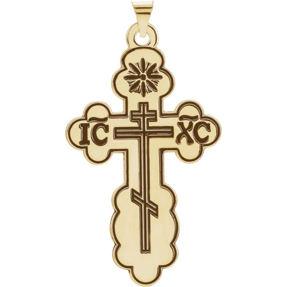 14k Yellow Gold & Black Enamel Eastern Orthodox Cross Pendant, 26x43mm, Item P27501-XL by The Black Bow Jewelry Co.