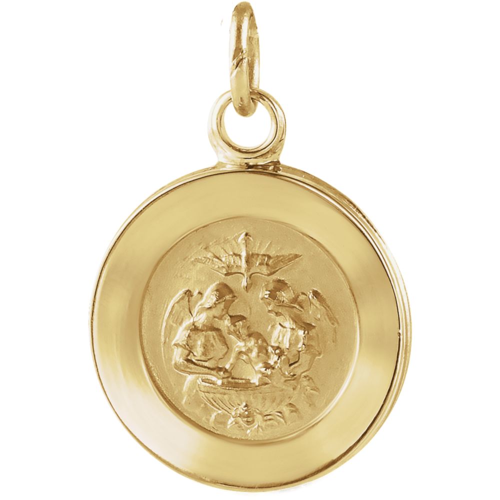 14k Yellow Gold Round Solid Baptismal Medal Charm or Pendant, 18mm, Item P27516-18 by The Black Bow Jewelry Co.