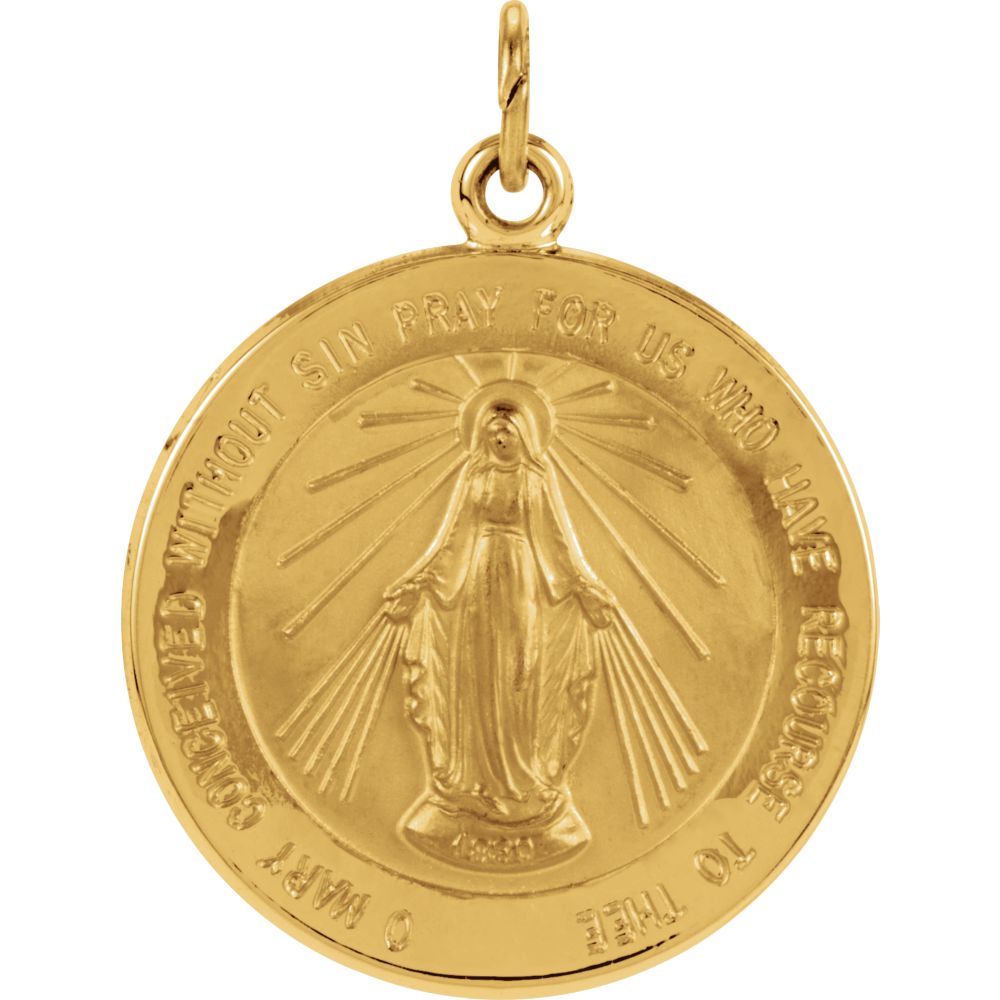 14k Yellow Gold Round Miraculous Medal Pendant, 20mm (3/4 Inch), Item P27524-20 by The Black Bow Jewelry Co.