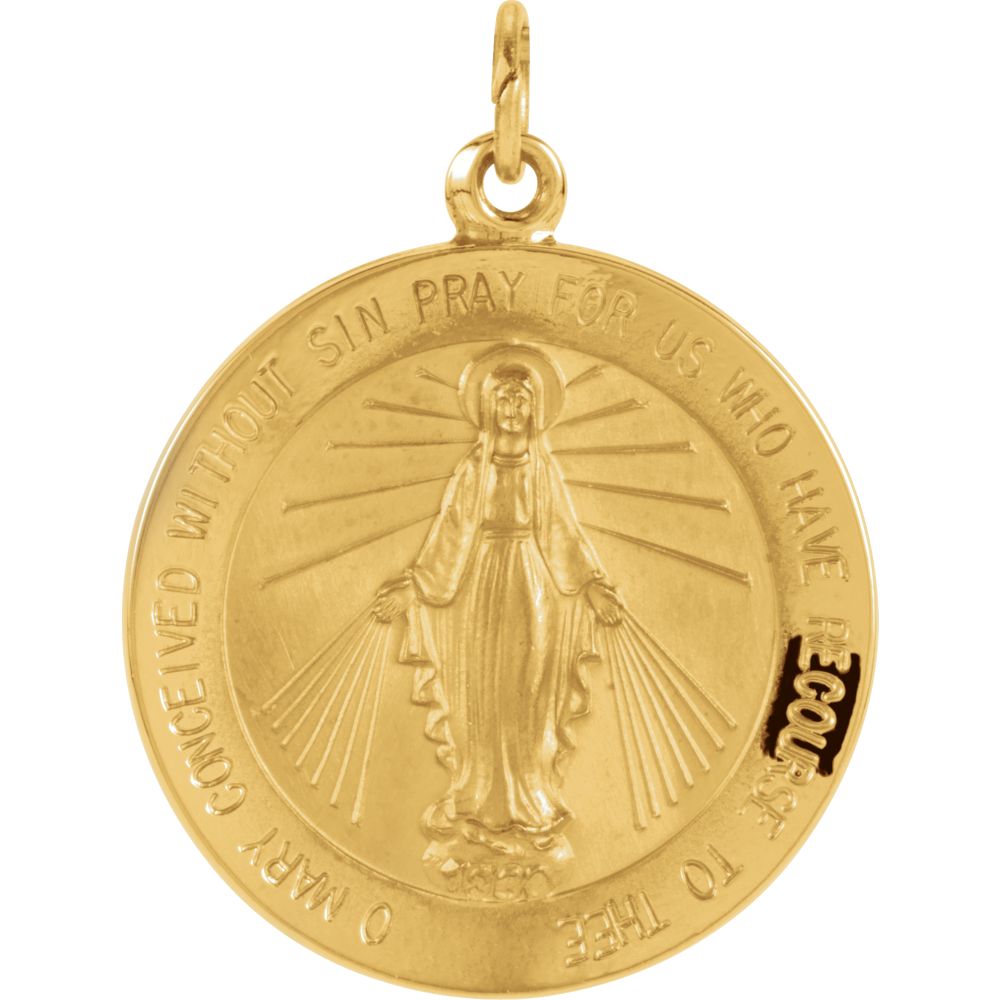 14k Yellow Gold Round Miraculous Medal Pendant, 22mm (7/8 Inch), Item P27524-22 by The Black Bow Jewelry Co.