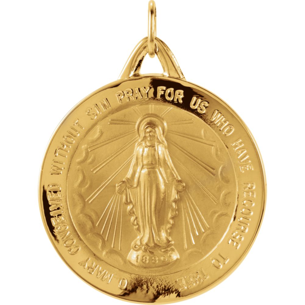 14k Yellow Gold Round Miraculous Medal Pendant, 25mm (1 Inch), Item P27524-25 by The Black Bow Jewelry Co.