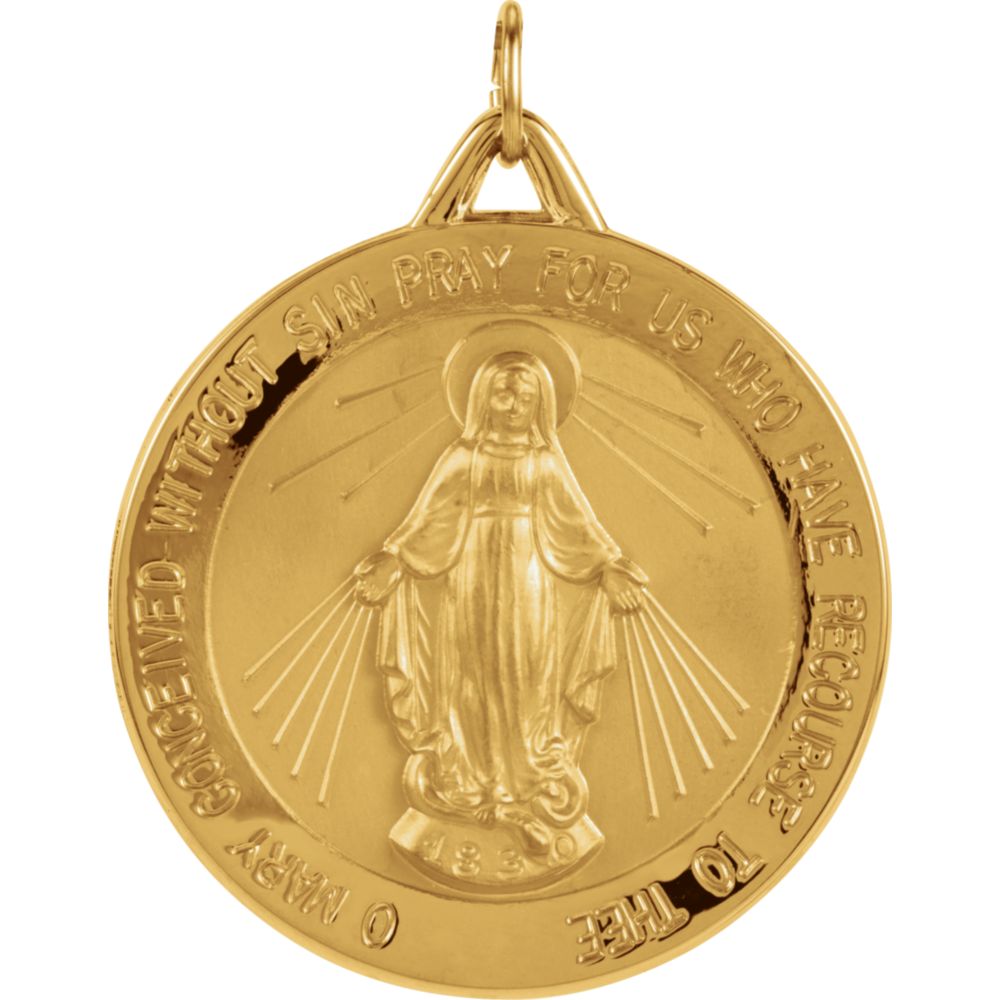 14k Yellow Gold Round Miraculous Medal Pendant, 29mm (1 1/8 Inch), Item P27524-29 by The Black Bow Jewelry Co.