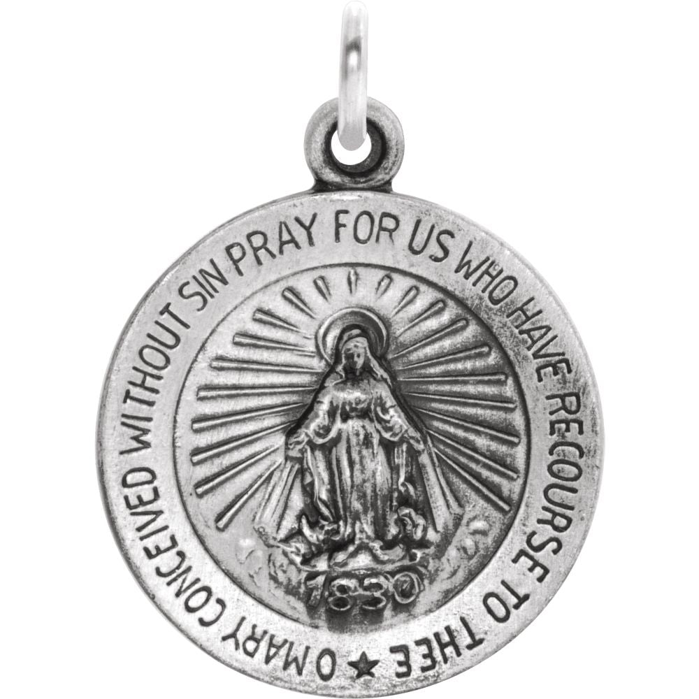 Sterling Silver Round Miraculous Medal Charm or Pendant, 15mm, Item P27526-15 by The Black Bow Jewelry Co.