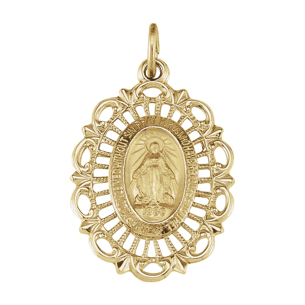 14k Yellow Gold Oval Filigree Miraculous Medal Pendant, 16 x 22mm, Item P27527-16 by The Black Bow Jewelry Co.