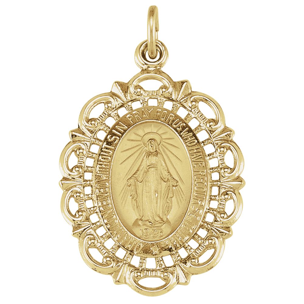 14k Yellow Gold Oval Filigree Miraculous Medal Pendant, 18 x 25mm, Item P27527-18 by The Black Bow Jewelry Co.