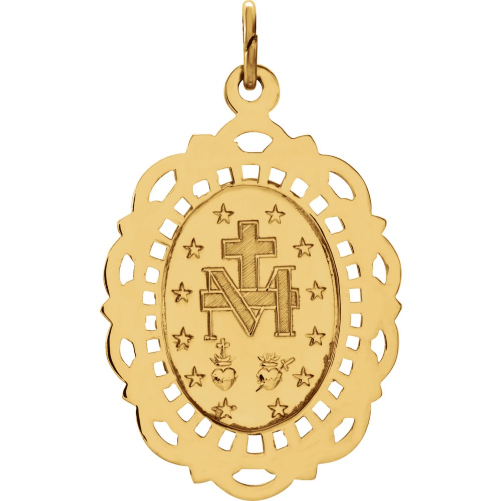 Alternate view of the 14k Yellow Gold Oval Filigree Miraculous Medal Pendant, 18 x 25mm by The Black Bow Jewelry Co.