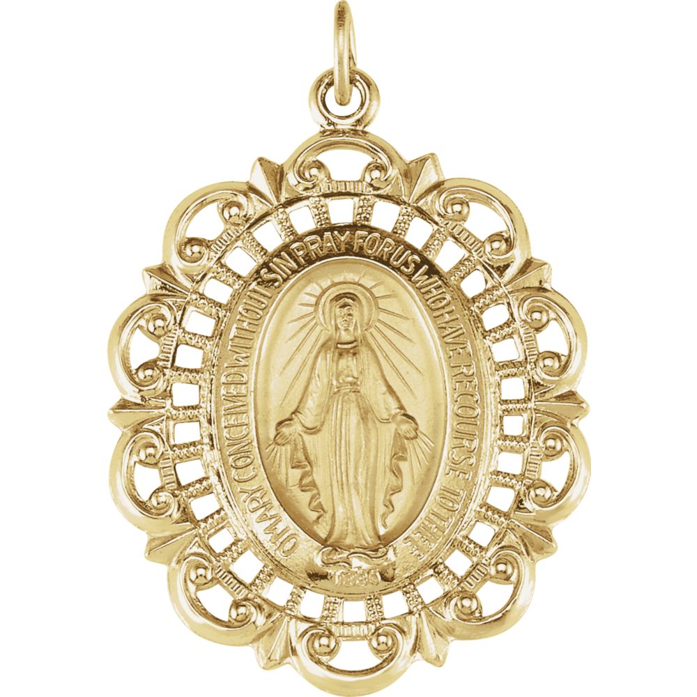 14k Yellow Gold Oval Filigree Miraculous Medal Pendant, 23 x 32mm, Item P27527-23 by The Black Bow Jewelry Co.