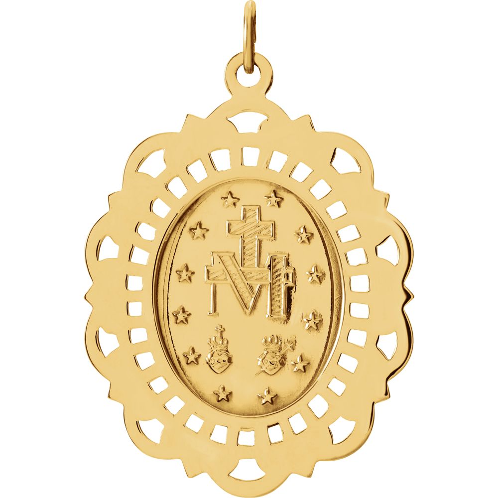 Alternate view of the 14k Yellow Gold Oval Filigree Miraculous Medal Pendant, 23 x 32mm by The Black Bow Jewelry Co.