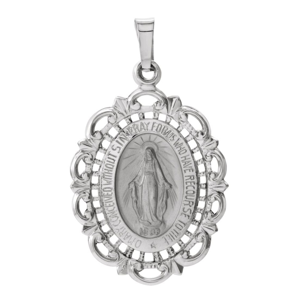 14k White Gold Oval Filigree Miraculous Medal Pendant, Item P27528 by The Black Bow Jewelry Co.