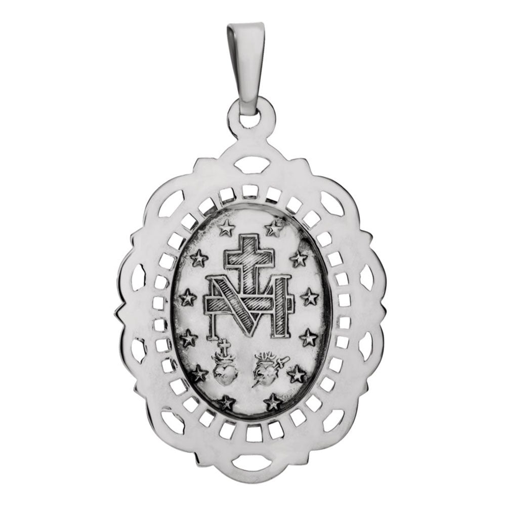 Alternate view of the 14k White Gold Oval Filigree Miraculous Medal Pendant, 18 x 25mm by The Black Bow Jewelry Co.