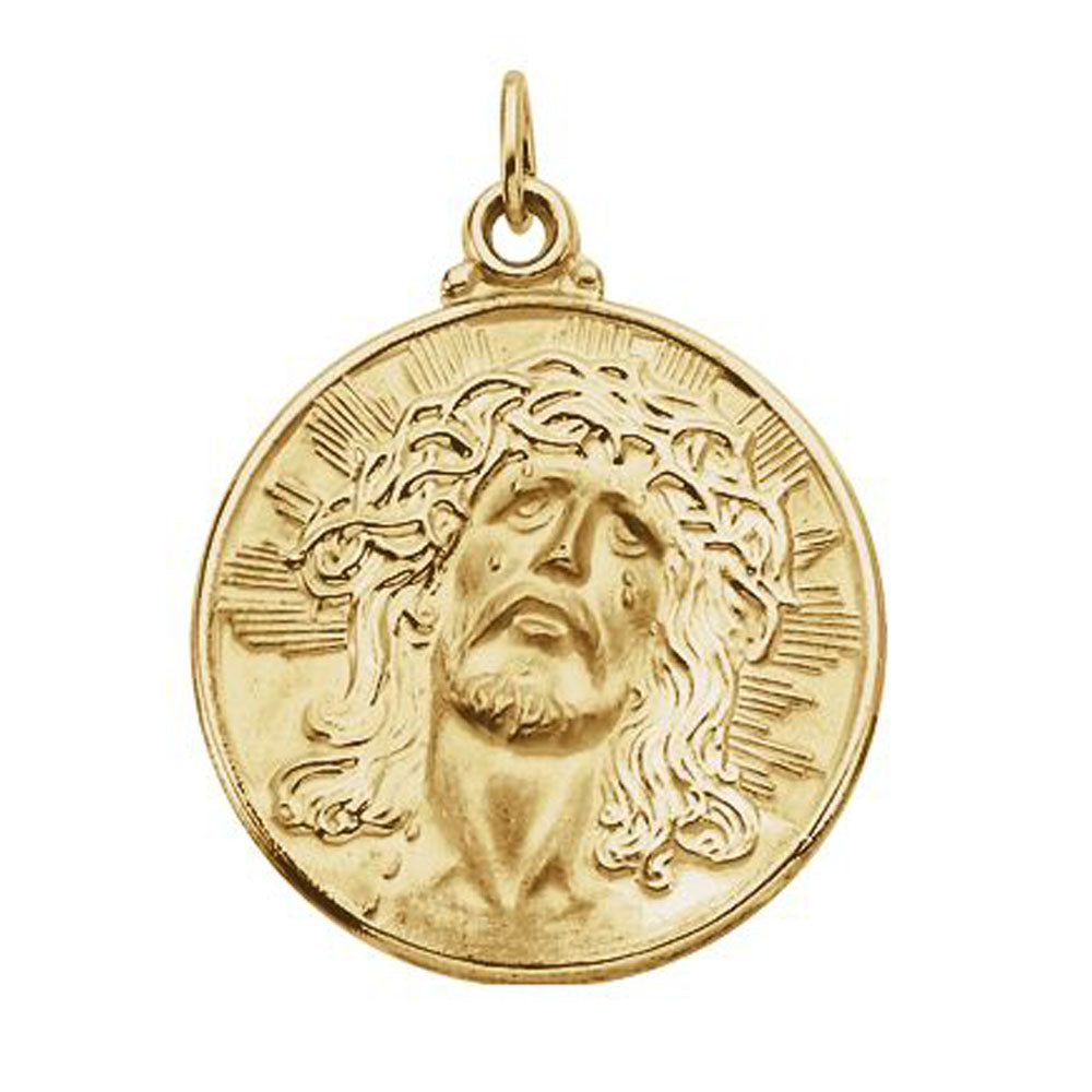 14k Yellow Gold Round Face of Jesus Medal Pendant Black Bow