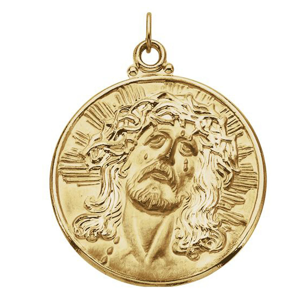 14k Yellow Gold Round Face of Jesus Medal Pendant Black Bow