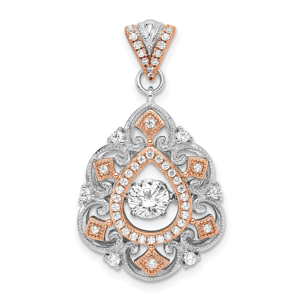 Platinum & Rose Tone Sterling Silver & CZ Filigree Pendant, 17 x 32mm, Item P27536 by The Black Bow Jewelry Co.