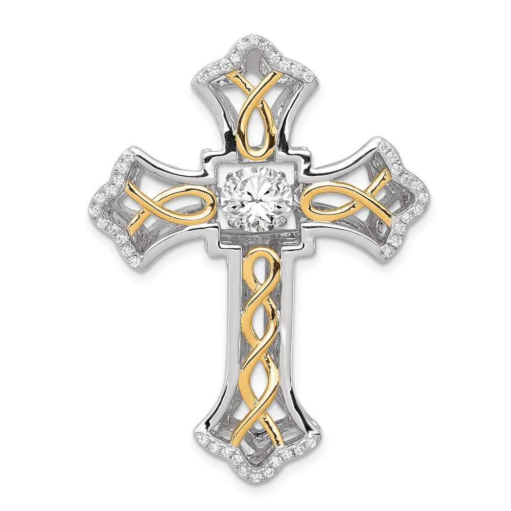 Platinum & Gold Tone Sterling Silver & CZ Cross Pendant, 32 x 42mm, Item P27549 by The Black Bow Jewelry Co.