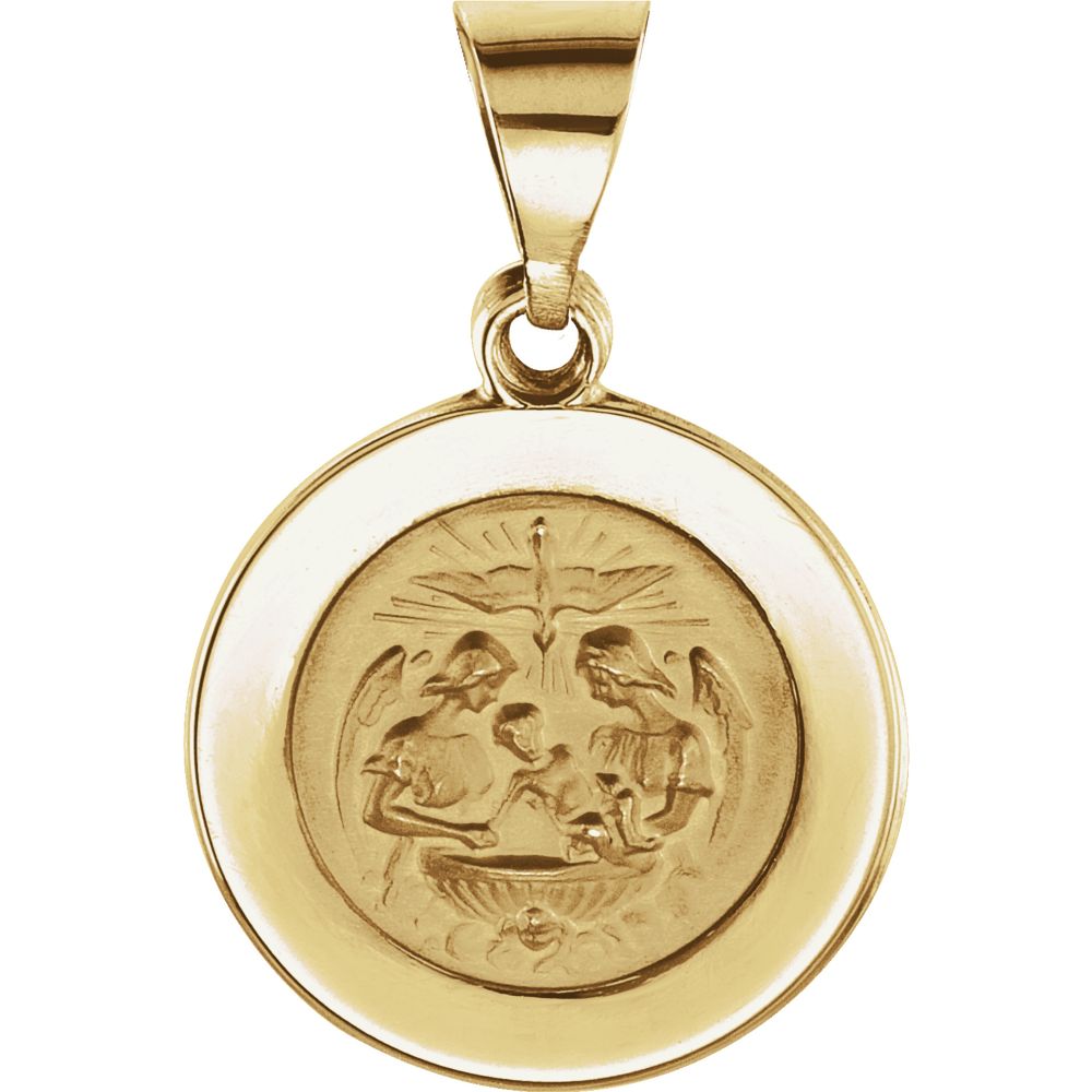 14k Yellow Gold Round Hollow Baptismal Medal Pendant, 15mm, Item P27582 by The Black Bow Jewelry Co.