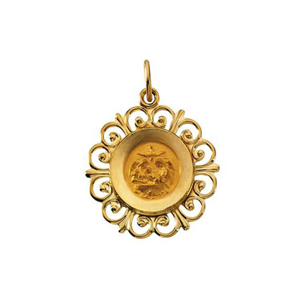 14k Yellow Gold Filigree Baptismal Medal Pendant, 19mm (3/4 Inch), Item P27583 by The Black Bow Jewelry Co.