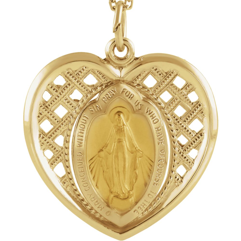 14k Yellow Gold Miraculous Medal Heart Pendant, 20mm (3/4 Inch), Item P27586 by The Black Bow Jewelry Co.