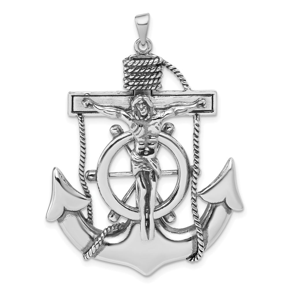 Sterling Silver Large 2D Antiqued Mariner Crucifix Pendant, 36 x 51mm, Item P27589-AF by The Black Bow Jewelry Co.
