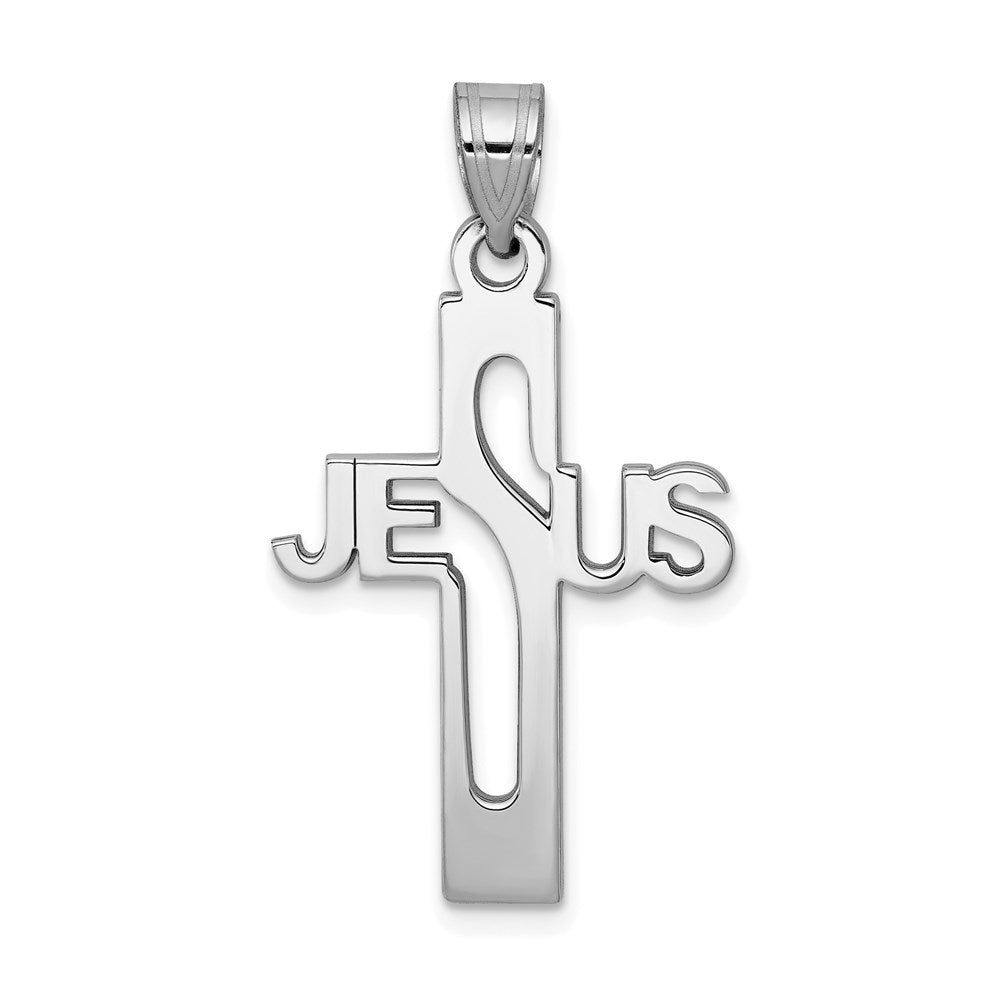 Sterling Silver Rhodium-Plated Flat Jesus Cross Pendant, Item P27591 by The Black Bow Jewelry Co.