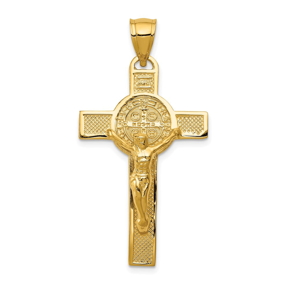 14k Yellow Gold San Benito 2-Sided Crucifix Cross Pendant, 22 x 42mm, Item P27593-42 by The Black Bow Jewelry Co.