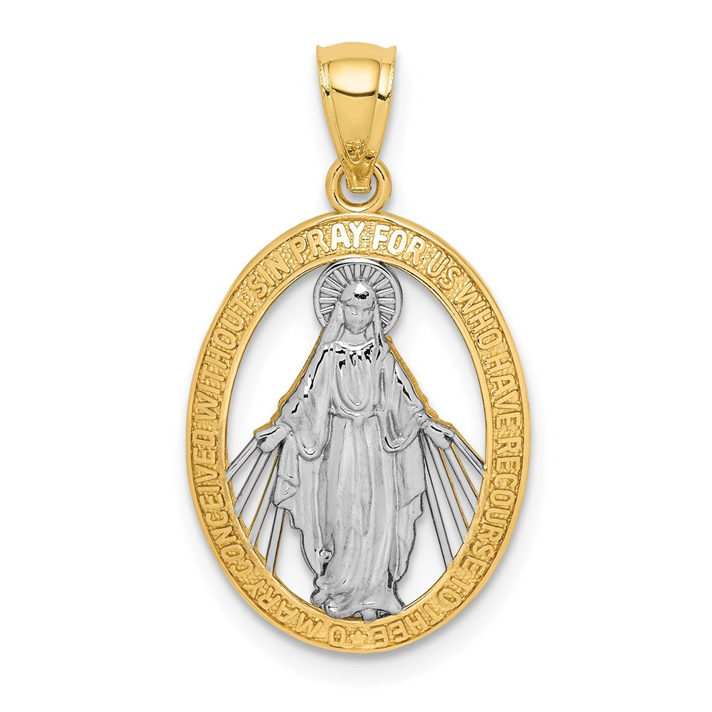 14k Yellow Gold & Rhodium Oval Miraculous Medal Pendant, 13 x 25mm, Item P27604-25 by The Black Bow Jewelry Co.
