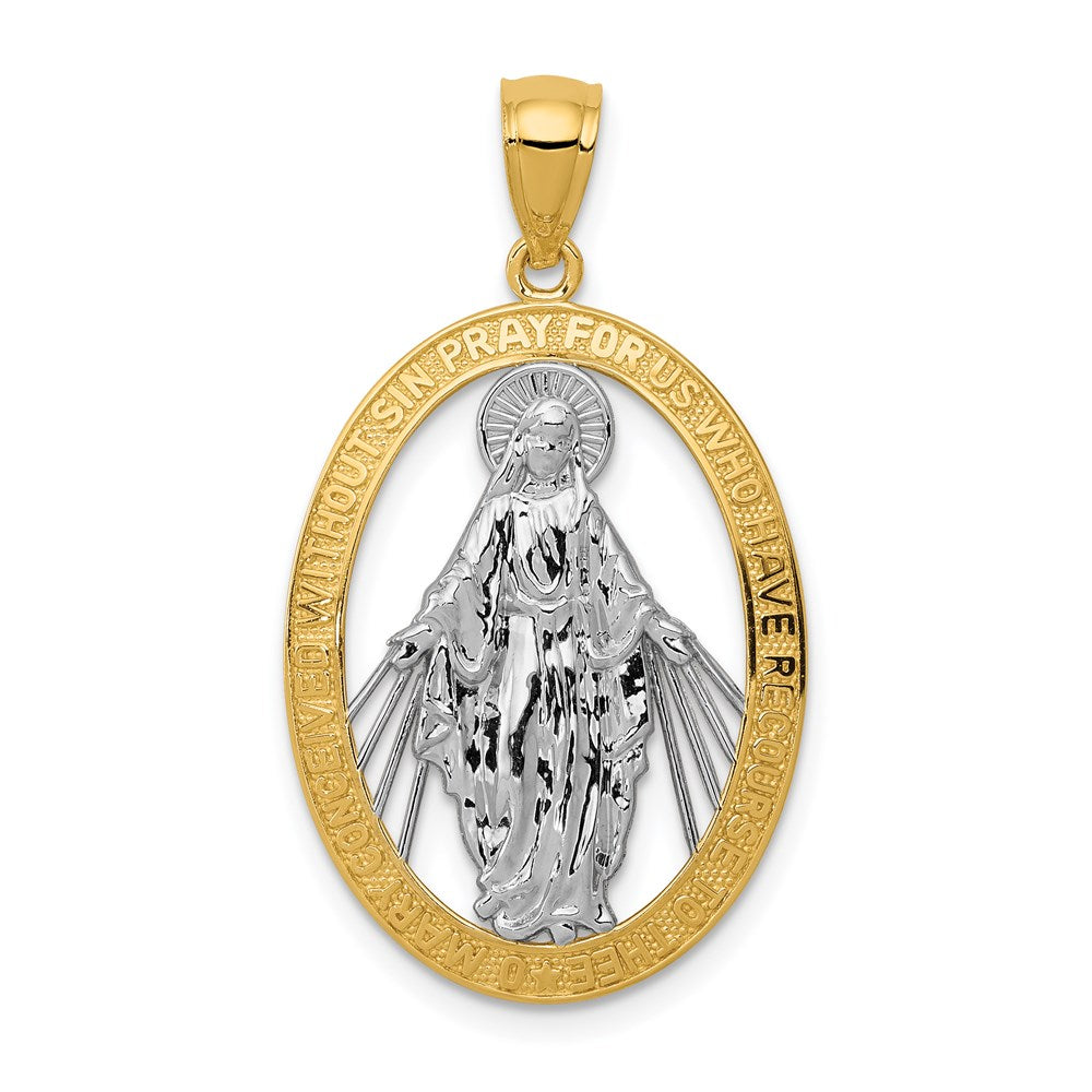 14k Yellow Gold & Rhodium Oval Miraculous Medal Pendant, 19 x 32mm, Item P27604-32 by The Black Bow Jewelry Co.