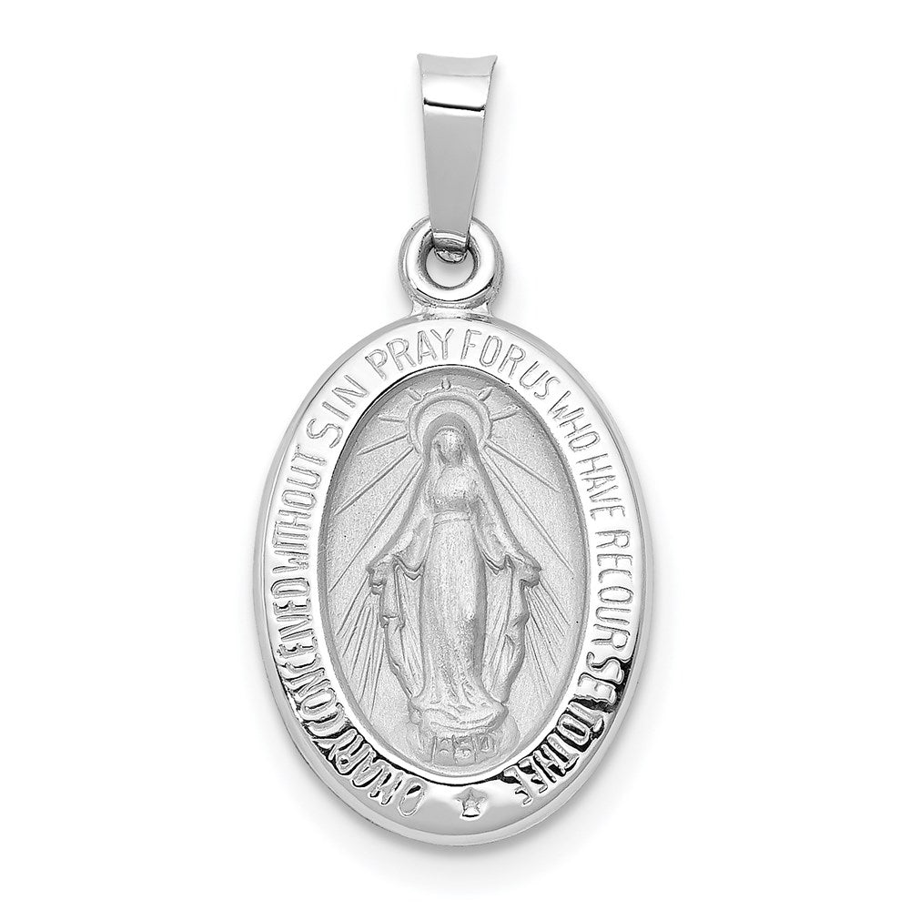 14k White Gold Hollow Oval Miraculous Medal Pendant, 11 x 22mm, Item P27606-22 by The Black Bow Jewelry Co.