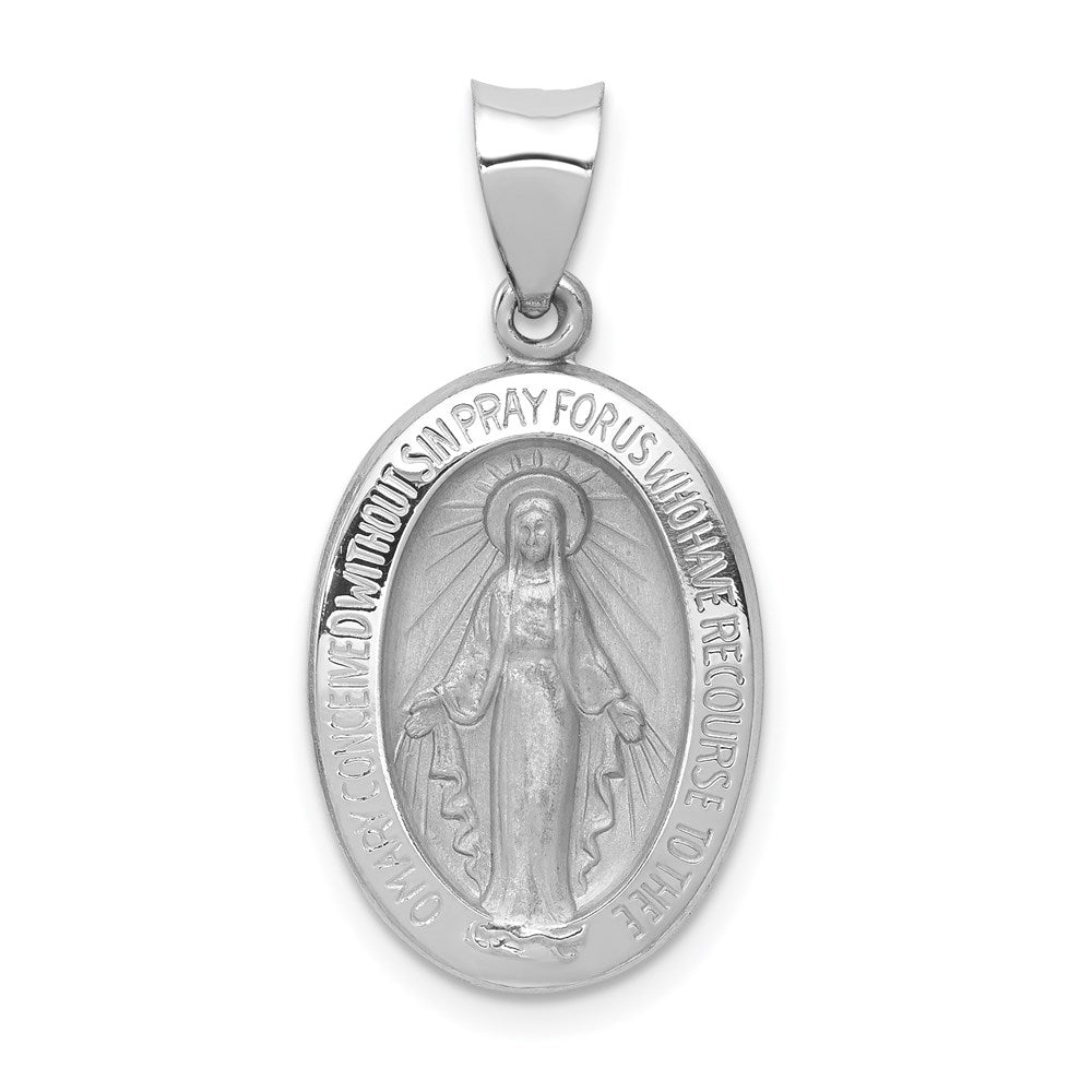 14k White Gold Hollow Oval Miraculous Medal Pendant, 13 x 27mm, Item P27606-27 by The Black Bow Jewelry Co.