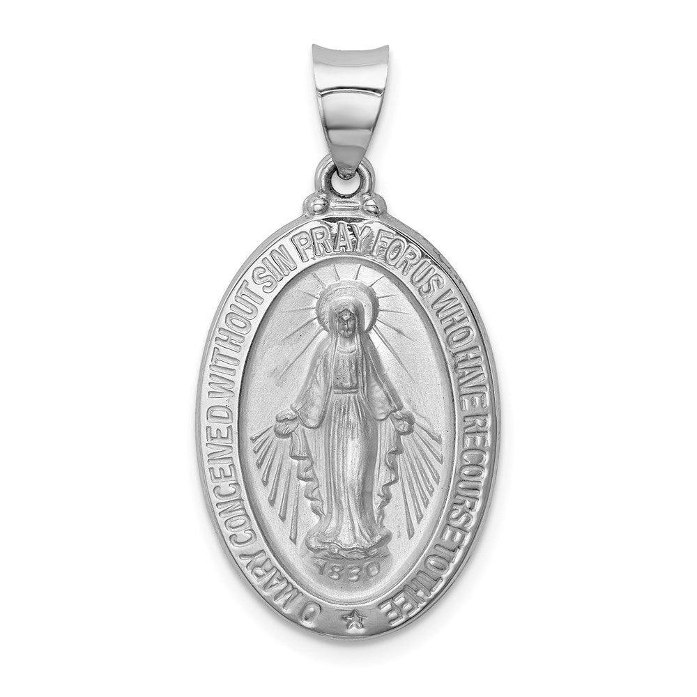 14k White Gold Hollow Oval Miraculous Medal Pendant, 15 x 32mm, Item P27606-32 by The Black Bow Jewelry Co.