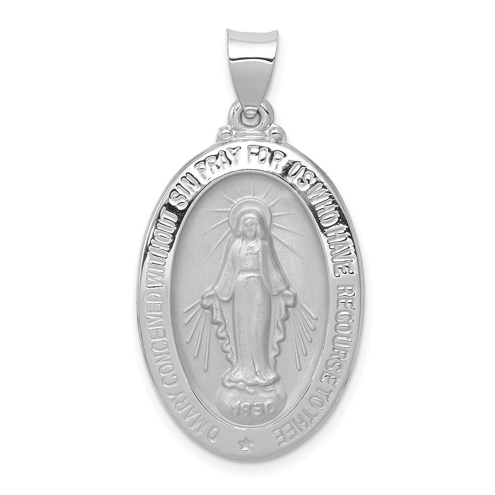14k White Gold Hollow Oval Miraculous Medal Pendant, 17 x 34mm, Item P27606-34 by The Black Bow Jewelry Co.