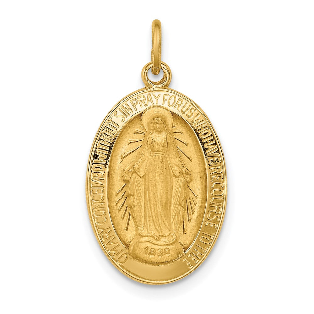 14k Yellow Gold Solid 3D Oval Miraculous Medal Pendant, 12 x 24mm, Item P27607-24 by The Black Bow Jewelry Co.