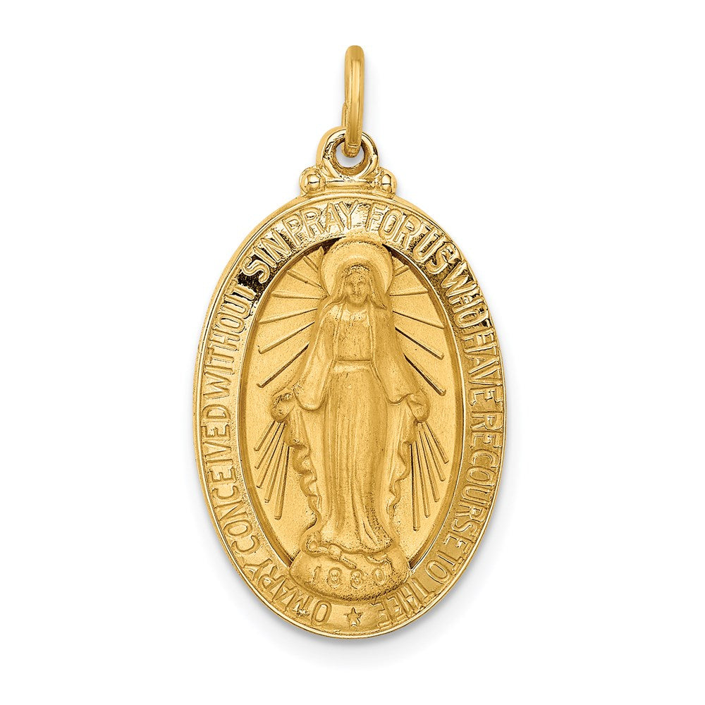 14k Yellow Gold Solid 3D Oval Miraculous Medal Pendant, Item P27607 by The Black Bow Jewelry Co.