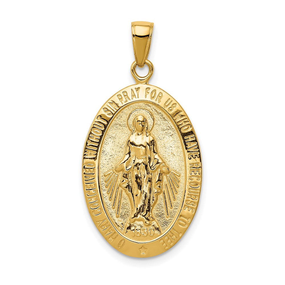 14k Yellow Gold, Solid Oval Miraculous Medal Pendant, 16 x 32mm, Item P27608-32 by The Black Bow Jewelry Co.