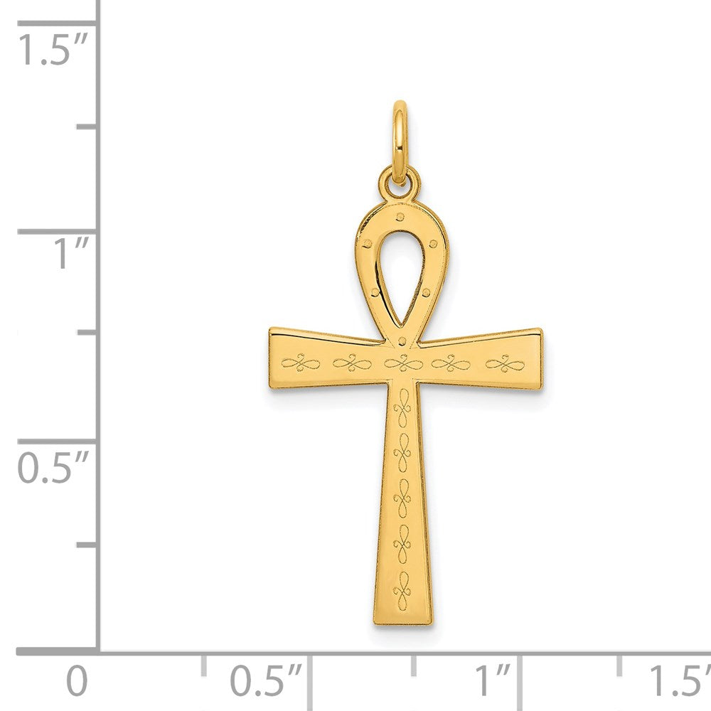 Alternate view of the 14k Yellow Gold Laser Designed Ankh Cross Pendant, 16 x 32mm by The Black Bow Jewelry Co.