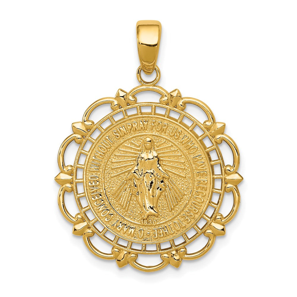 14k Yellow or White Gold Round Filigree Miraculous Medal Pendant, 22mm, Item P27614 by The Black Bow Jewelry Co.