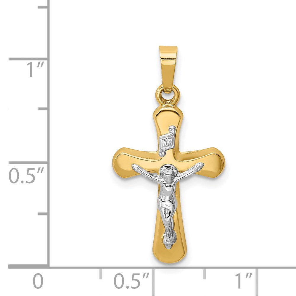 Alternate view of the 14k Two Tone Gold Hollow INRI Crucifix Rounded Cross Pendant, 13x26mm by The Black Bow Jewelry Co.