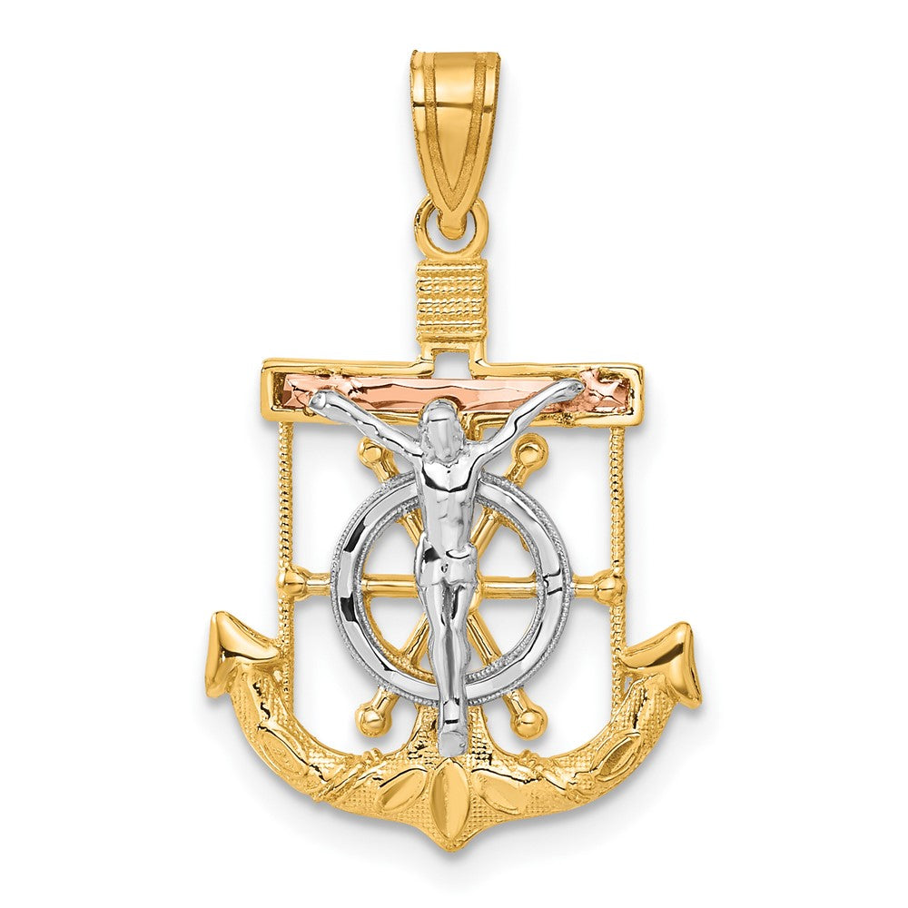 14k TriColor Gold Diamond-cut Mariners Crucifix Cross Pendant, 17x27mm, Item P27621-27 by The Black Bow Jewelry Co.